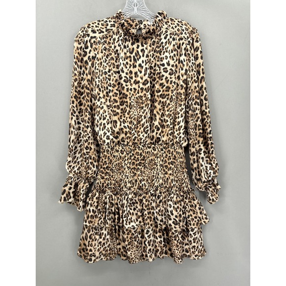 TCEC Dresses & Skirts - TCEC Dress Small Brown Leopard Long Sleeve Smocked Tiered Ruffle Fit Mini